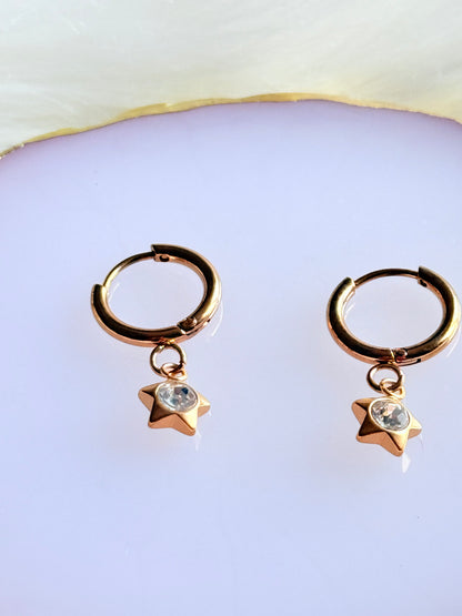 Gold Star Hoop Earrings - Dainty Crystal Huggie Hoops | SMGemz