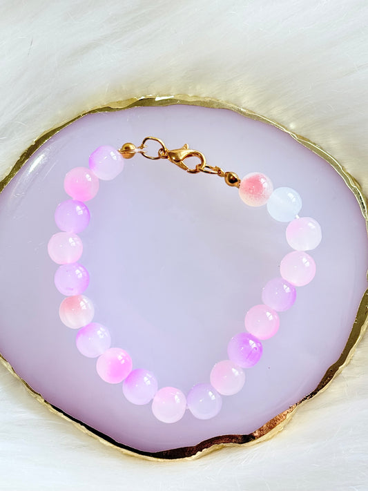 Pink Beaded Bracelet - Handmade Iridescent Gold Clasp | SMGemz