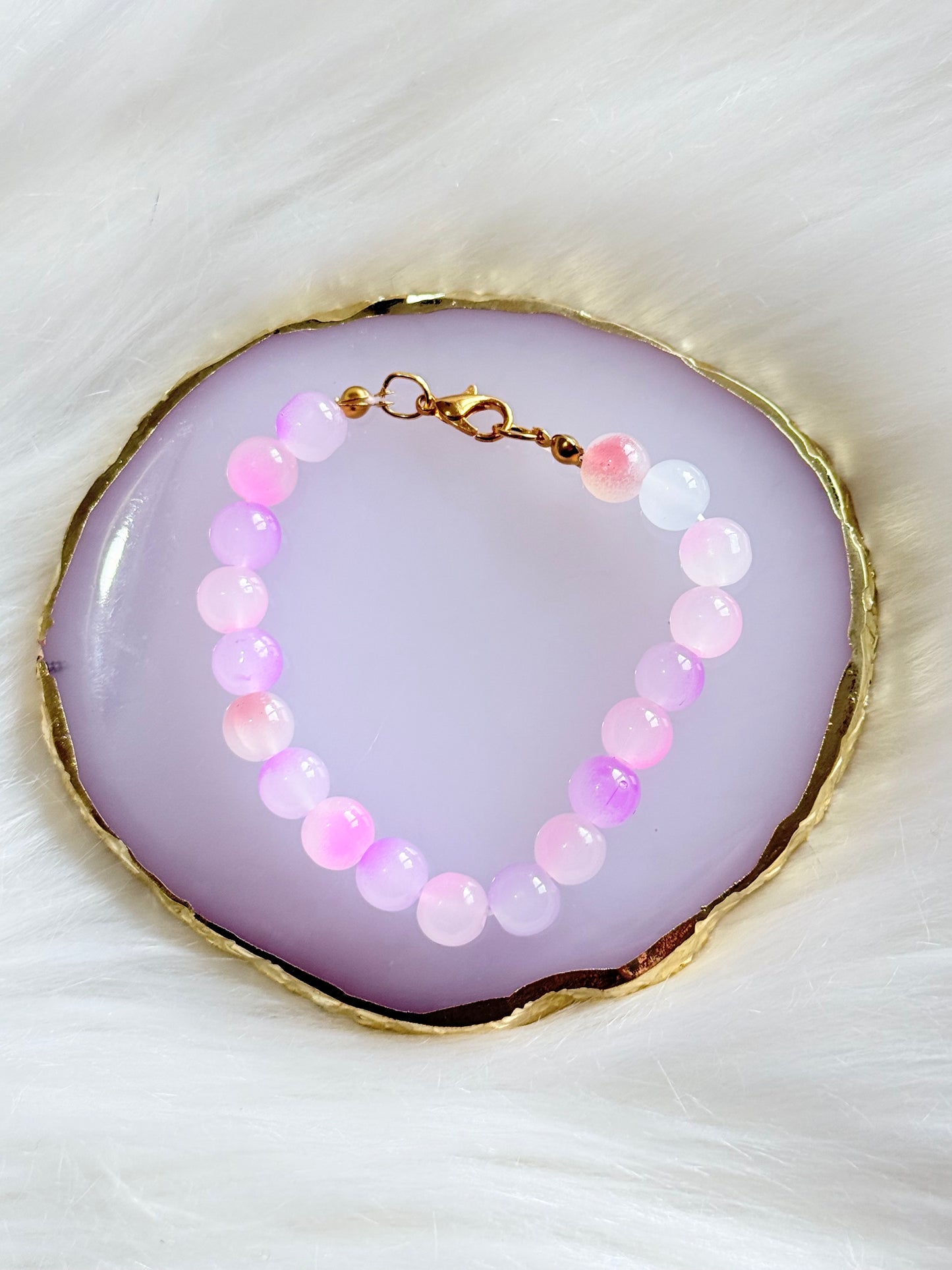 Pink Beaded Bracelet - Handmade Iridescent Gold Clasp | SMGemz