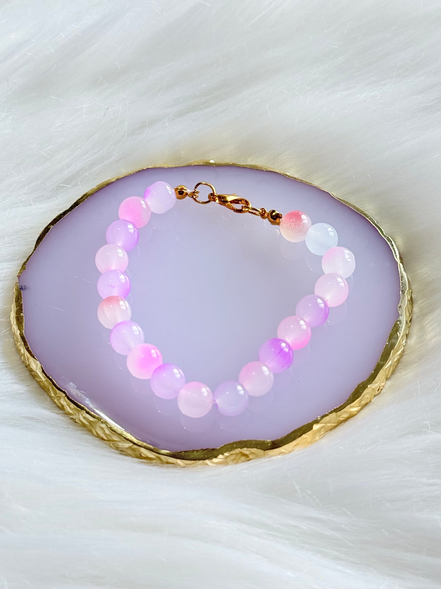 Pink Beaded Bracelet - Handmade Iridescent Gold Clasp | SMGemz