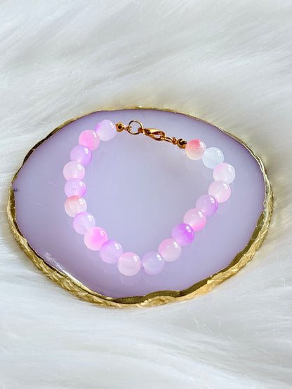 Pink Beaded Bracelet - Handmade Iridescent Gold Clasp | SMGemz