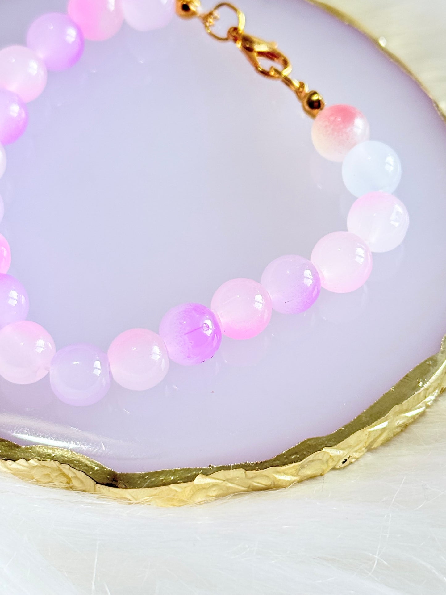 Pink Beaded Bracelet - Handmade Iridescent Gold Clasp | SMGemz