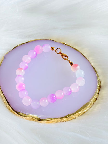 Pink Beaded Bracelet - Handmade Iridescent Gold Clasp | SMGemz
