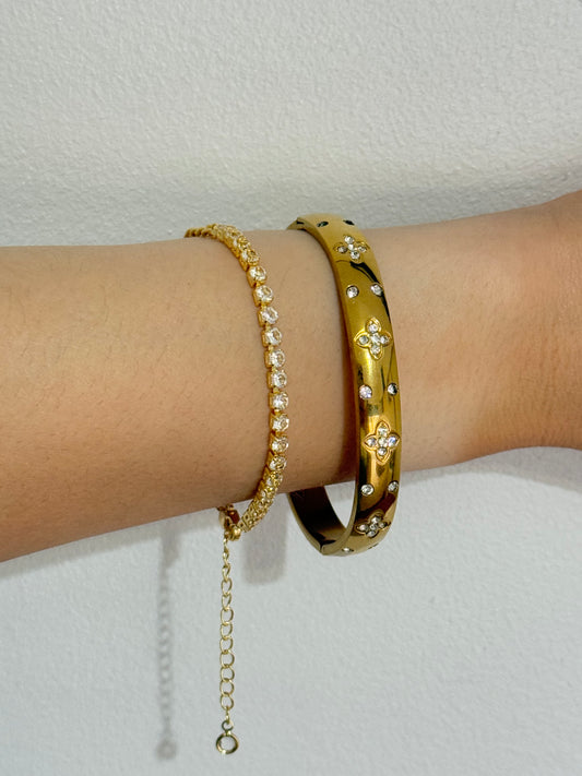 2 18k gold plated stainless steel bracelets bundle with zircons rhinestones